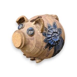 Vintage 1970s Rustic Stoneware Piggy Bank w/ Cork Nose Pottery Pig 5''